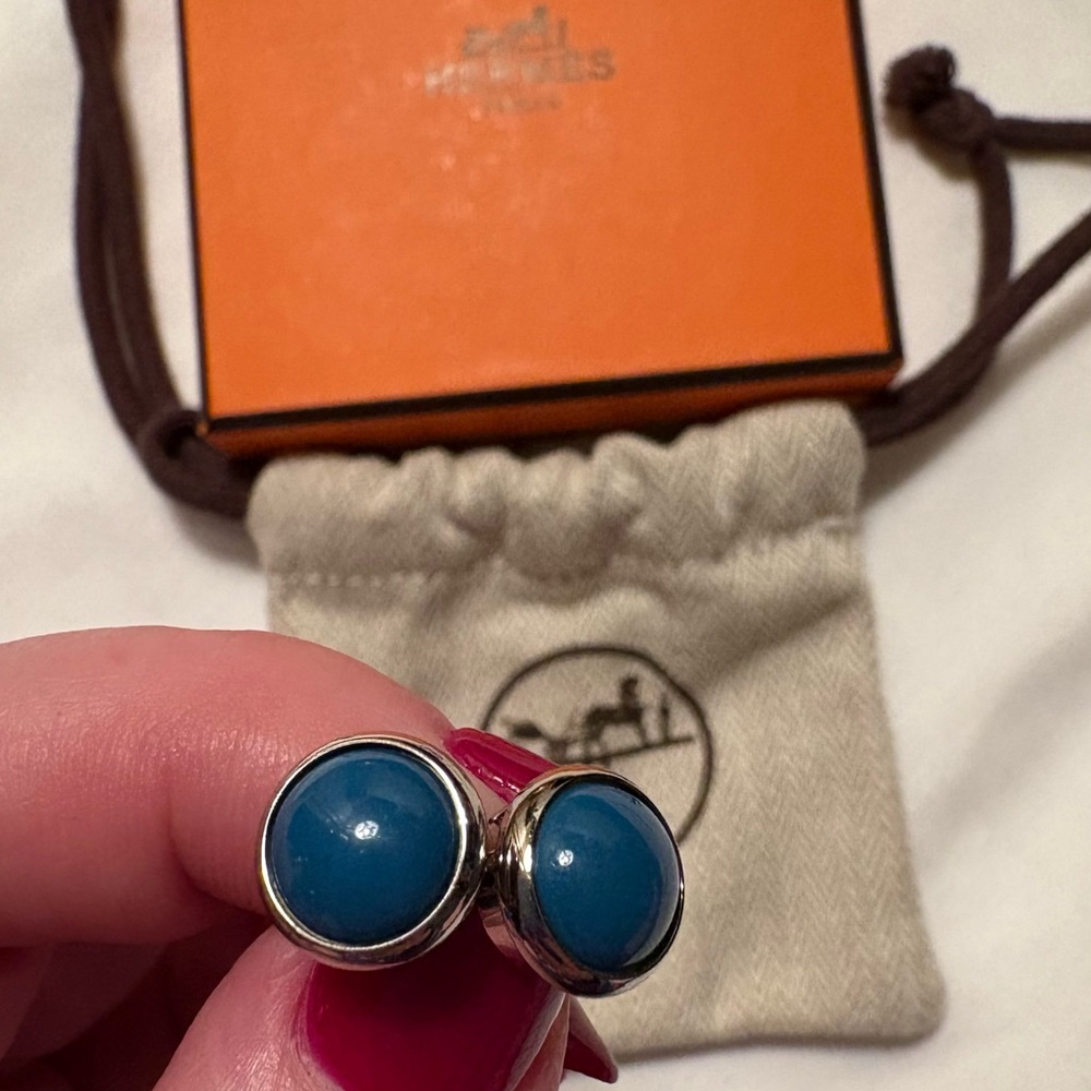 Hermès Eclipse Earrings Teal Blue & Silver ULTRA RARE - Picture 9 of 9